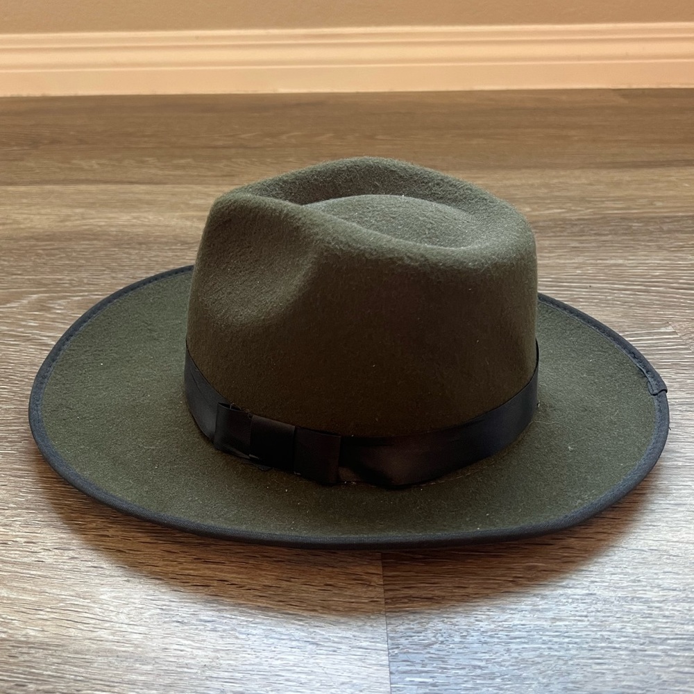 Green Faux Wool Wide Brim Fedora Hat